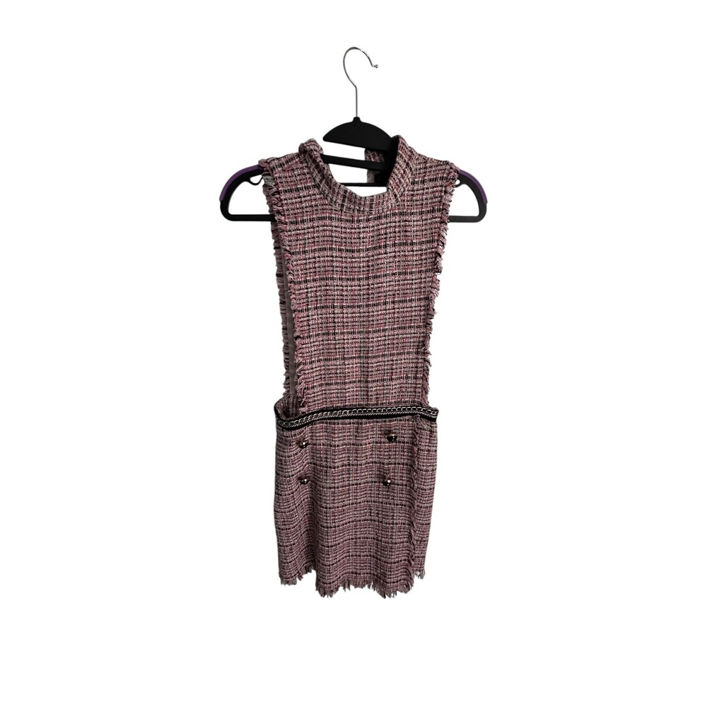 Zara Basic XS Pink Tweed Skort Romper Playsuit‎ Chain Trim Fringe Plaid